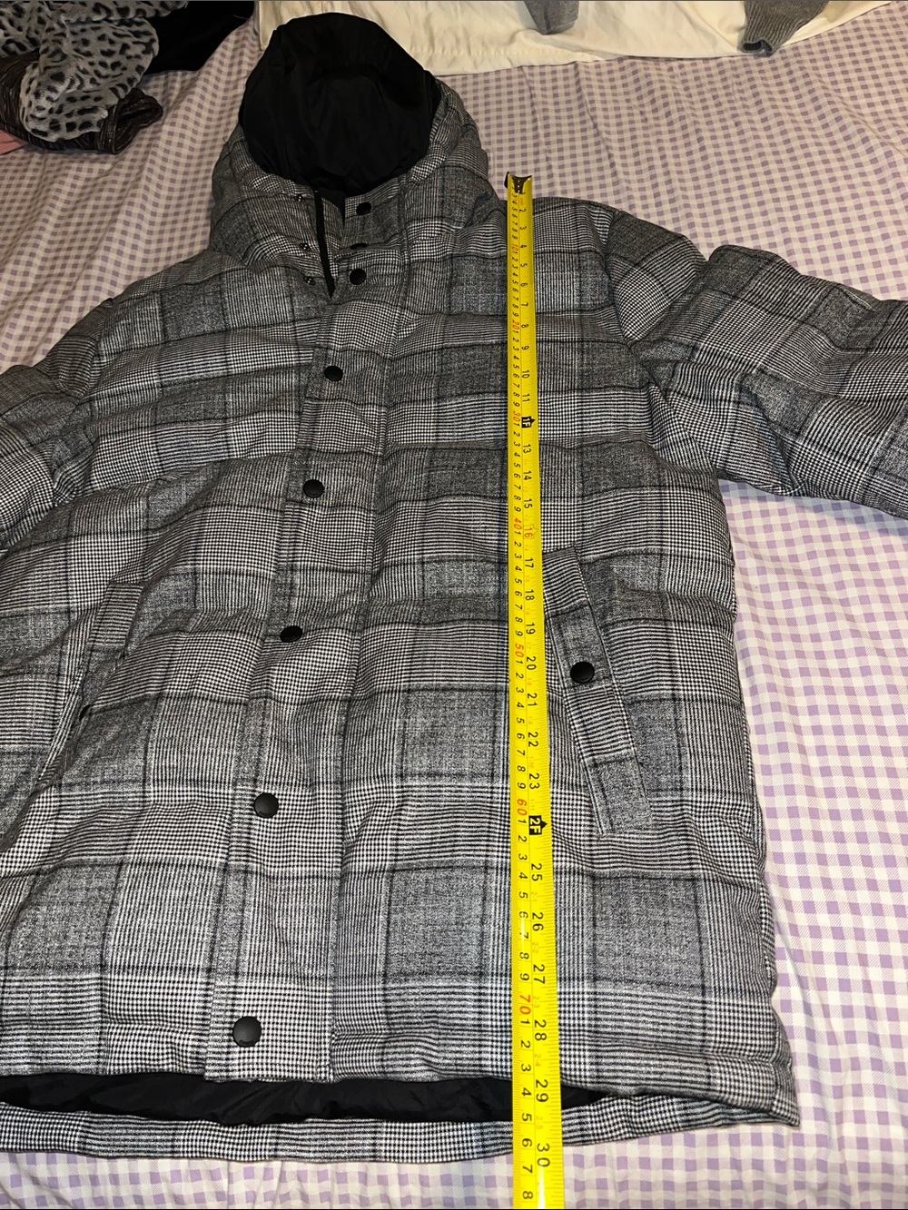 Express Men's Gray Plaid Hooded Puffer Jacket
